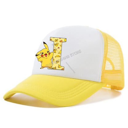 Cappellino con visiera Pokemon Pikachu, cappellini da baseball con lettere A-Z in stile cartone animato, cappellino estivo alla moda in rete traspirante, cappellino coordinato genitore-figlio, cappotto da bambino, regalo per bambini