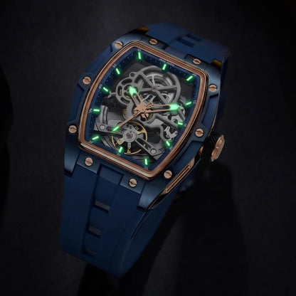 MEGIR mekanisk herreur, tonneau-form, skeletteret urskive med åbninger, sporty stil, silikonearmbånd, luksuriøst automatisk ur