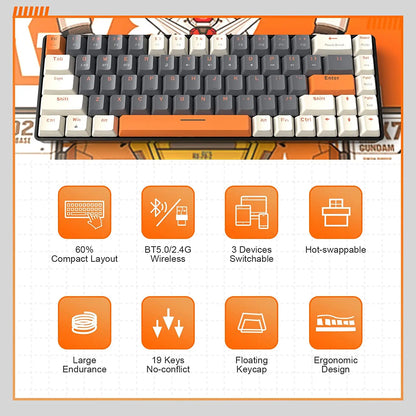 Teclado mecánico inalámbrico RK68 60%, Bluetooth 5.0/2.4GHz con receptor 2 en 1 de doble modo, teclado gaming de 68 teclas intercambiable en caliente