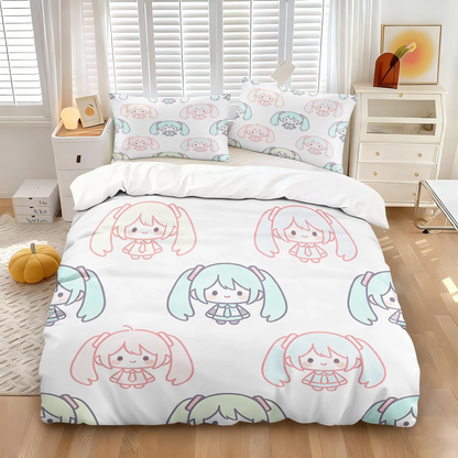 Hatsune Miku Chibi Style Duvet Cover Set Cute Anime Bedding with Pillowcases Gaming Room Teens Kids Bedroom Decor Gift for fans