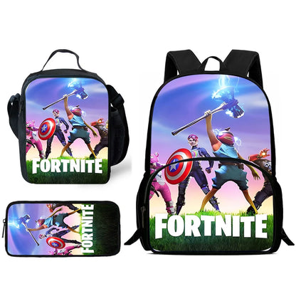 Mochilas Infantis com Design de Jogo Popular, Saco de Almoço e Estojo, Mochilas Escolares de Grande Capacidade para Alunos, Rapaz e Rapariga, Melhor Presente F-FortniteS