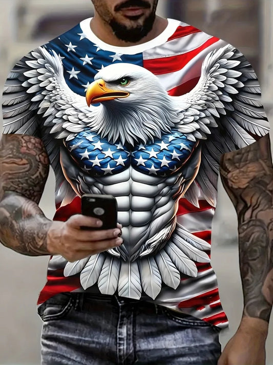 T-shirt patriótica para homem com estampado 3D de águia, gola redonda, manga curta, estilo casual, para verão, moda, atividades ao ar livre e vestuário masculino