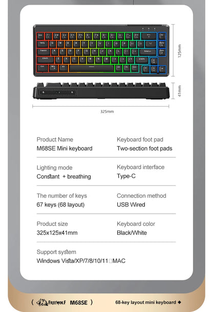 FREEWOLF M68SE Teclado mini con cable de 68 teclas, retroiluminación RGB, Type-C, diseño 68%, compacto para gaming, oficina, PC y portátil