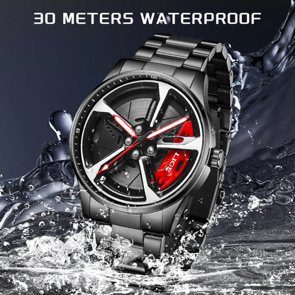 LIGE New Sport 3d Car Wheel Rim Hub Watch Fashionable Rotating Dial Stainless Steel Strap Waterproof Quartz Watches reloj hombre