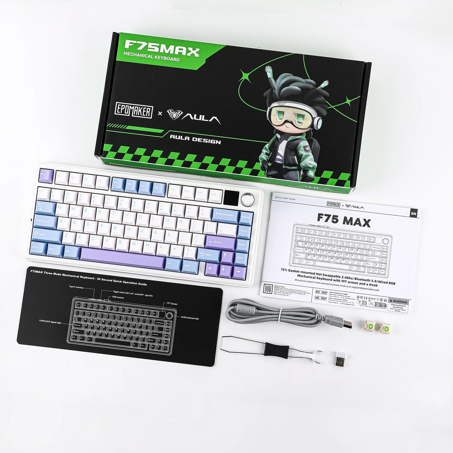 Teclado mecánico inalámbrico EPOMAKER X AULA F75 MAX compacto 75% con distribución ANSI, conexión por cable/Bluetooth/2.4GHz, pantalla TFT y perilla