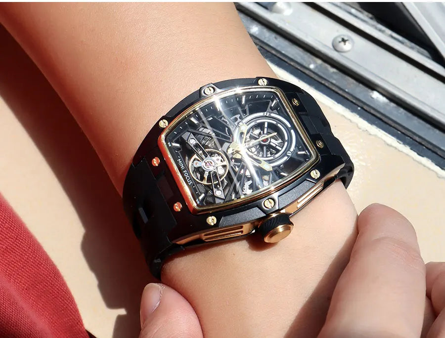 MINI FOCUS Men's Wristwatch Fashion Black Waterproof Automatic Mechanical Watch with Luminous Hands Silicone Strap Tonneau Dial