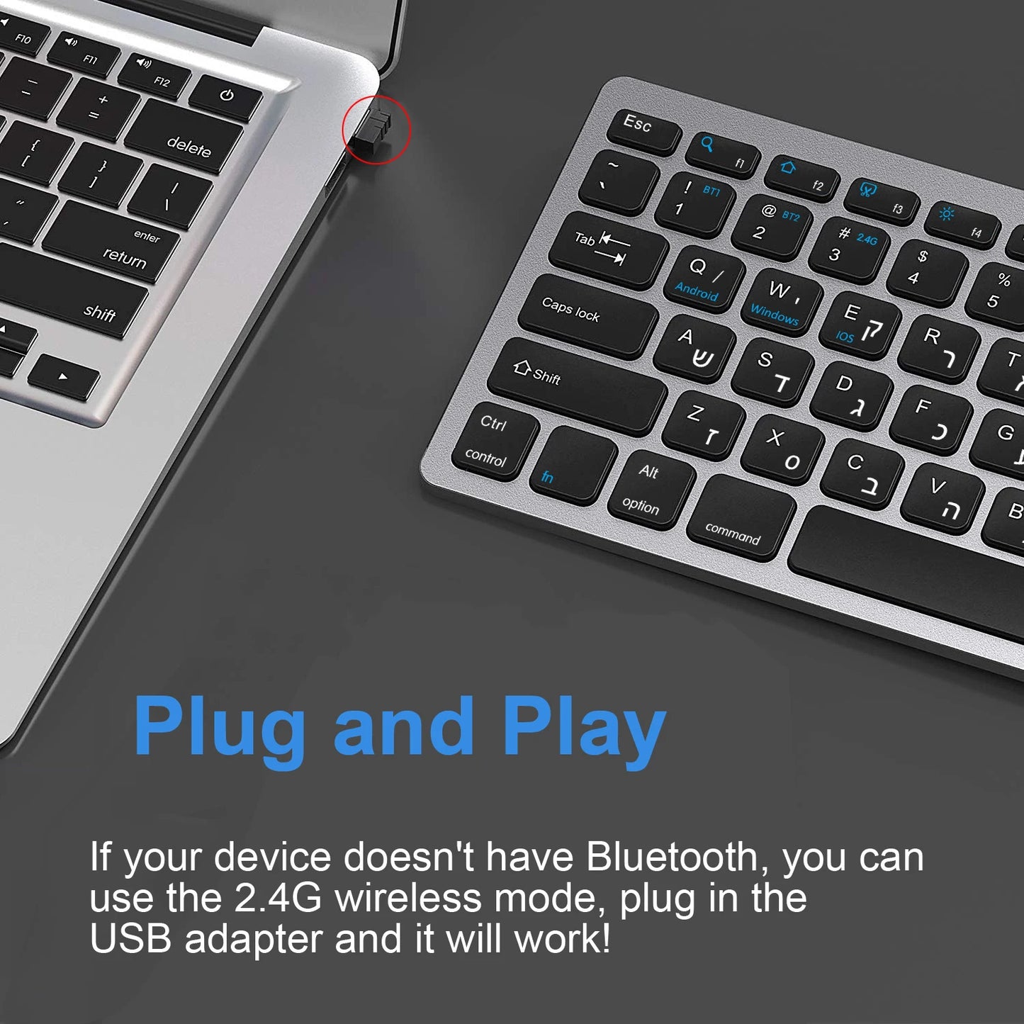 Teclado inalámbrico con distribución hebreo-inglés, Bluetooth y 2.4G de doble modo, delgado, compacto y ergonómico para Windows, iOS y Android
