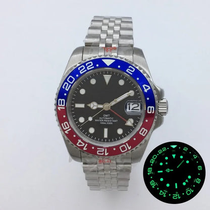 BLIGER 40mm NH34 GMT Watch For Men Mechanical Wristwatch Luminous Bezel Sapphire Glass Stainless Steel Bracelet Men's Watch