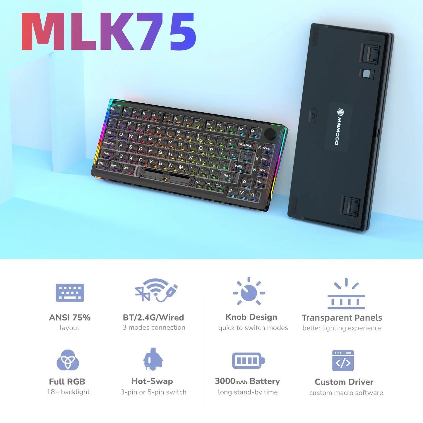 MAIMOOO KX75 75% Keyboard Kit Hotswap Transparent Full RGB Backlit 2.4GHz/Bluetooth Macro Custom DIY Mechanical Keyboard