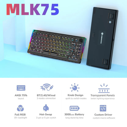 MAIMOOO KX75 75% Keyboard Kit Hotswap Transparent Full RGB Backlit 2.4GHz/Bluetooth Macro Custom DIY Mechanical Keyboard
