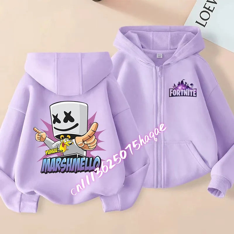 Nuova felpa con cappuccio autunnale per bambini Fortnite, giacca con zip e stampa personaggio cartoon del gioco, cappotto invernale per ragazzi
