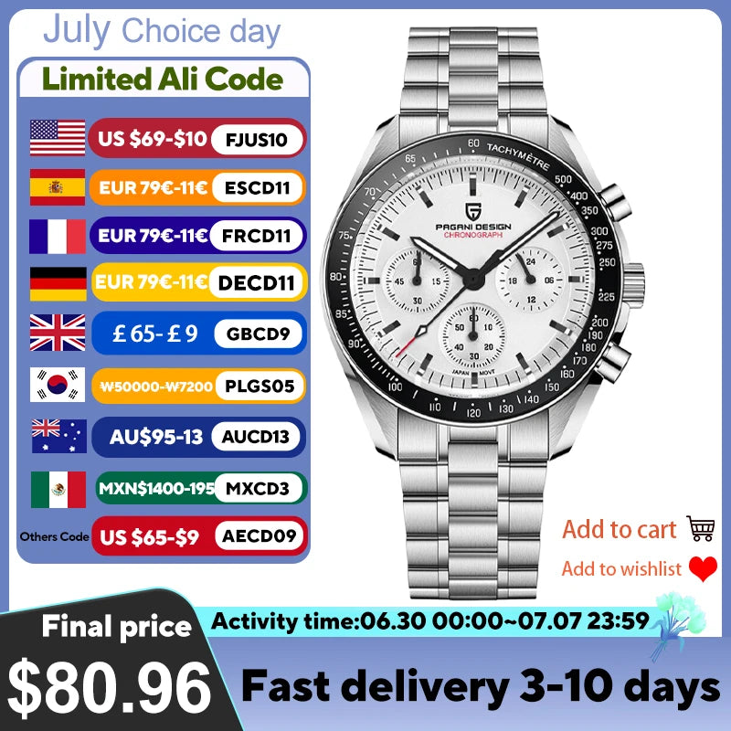 PAGANI DESIGN 2026 New V6 Moon Watches Men Luxury Quartz Watch For Men Speed Sport Chronograph AR Sapphire crystal Wristwatch