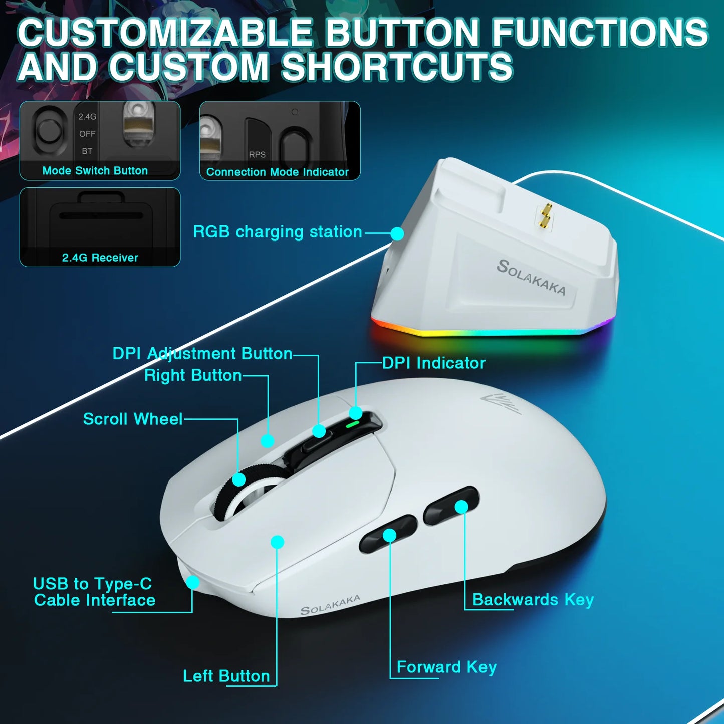 Mouse wireless tri-mode SOLAKAKA SM820 con dock di ricarica magnetico, RGB, PAW3311, 24000DPI, macro gaming, ultraleggero