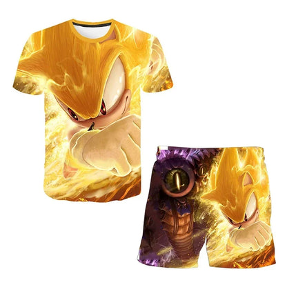 Fashion 3D Anime Children's T-shirt Set Sonic The Hedgehog Top Short Sleeve + Shorts Two-piece Set Girls Boys Cosplay Costume