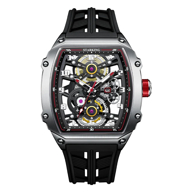 STARKING Luxury Men’s Automatic Mechanical Watch Skeleton Dial Silicone Band Tonneau Design Waterproof Luminous Sport Wristwatch