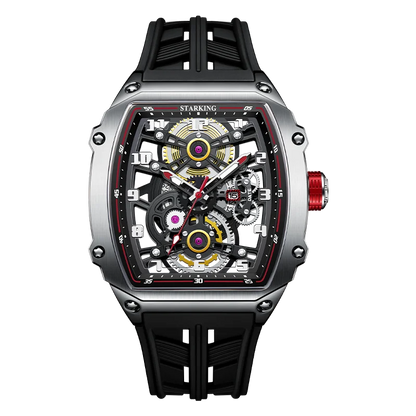 STARKING Luxury Men’s Automatic Mechanical Watch Skeleton Dial Silicone Band Tonneau Design Waterproof Luminous Sport Wristwatch