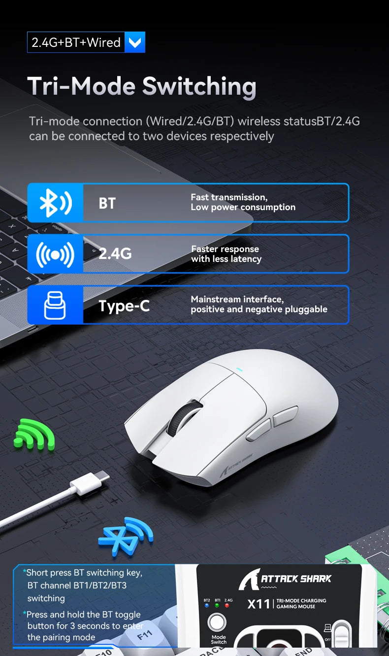 ATTACK SHARK X11 Lightweight Wireless Gaming Mouse with RGB Backlight Charging, Up to 22K DPI, PAW3311 Optical Sensor, HUYU Switch