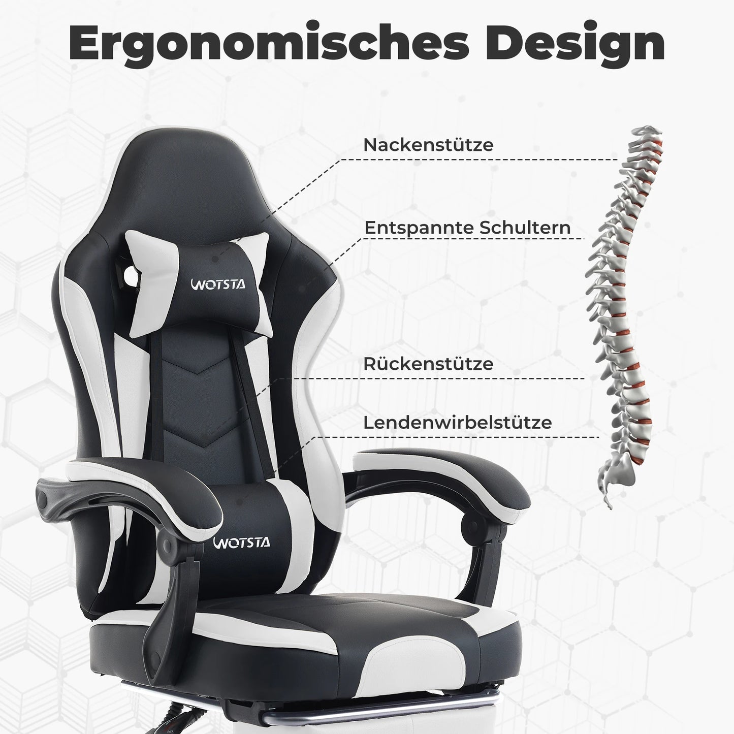 WOTSTA Gaming Chair Ergonomic Gamer Chair with Footrest, Adjustable Lumbar Support, Headrest, Reclining Computer Chair for Office & Gaming
