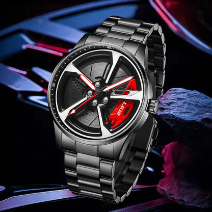 LIGE New Sport 3d Car Wheel Rim Hub Watch Fashionable Rotating Dial Stainless Steel Strap Waterproof Quartz Watches reloj hombre