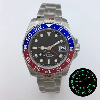 BLIGER 40mm NH34 GMT Watch For Men Mechanical Wristwatch Luminous Bezel Sapphire Glass Stainless Steel Bracelet Men's Watch