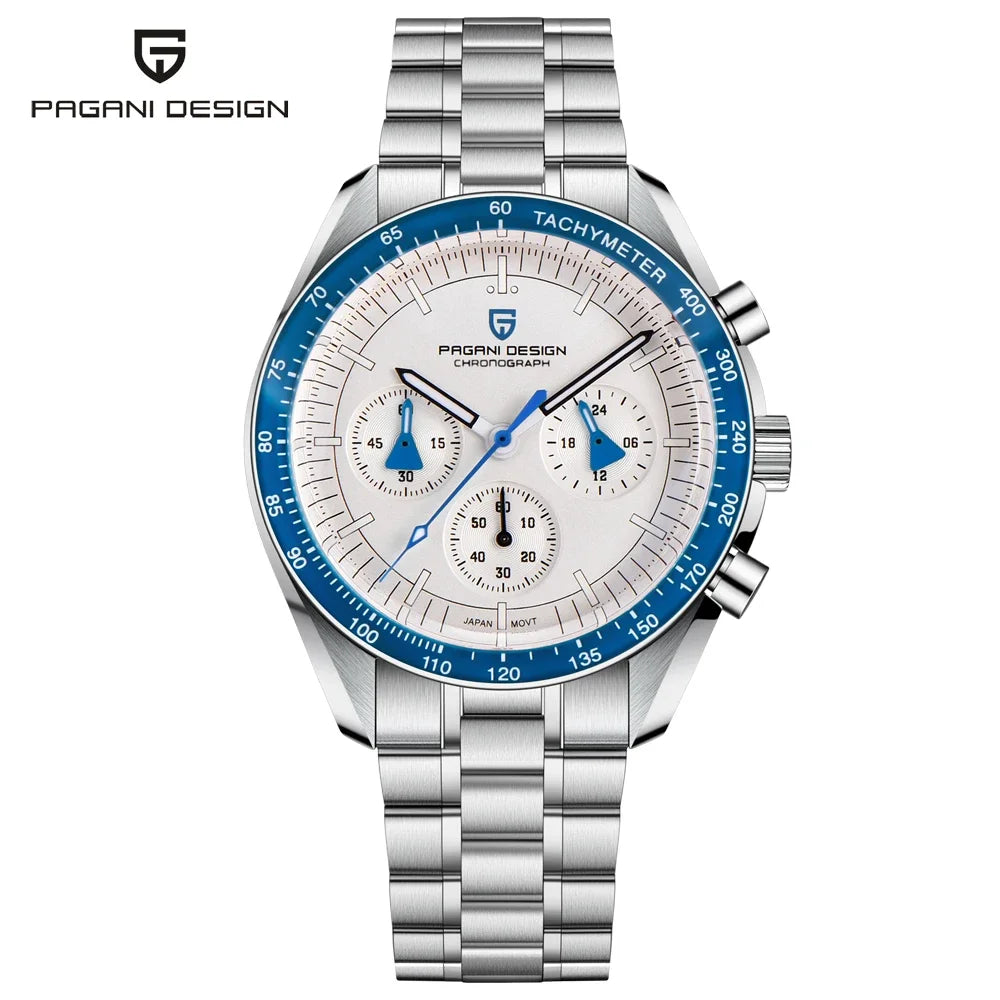Reloj para hombre PAGANI DESIGN «New Moon» – Reloj de cuarzo de lujo, cronógrafo, cristal de zafiro con tratamiento antirreflectante, bisel de cerámica, agujas luminiscentes