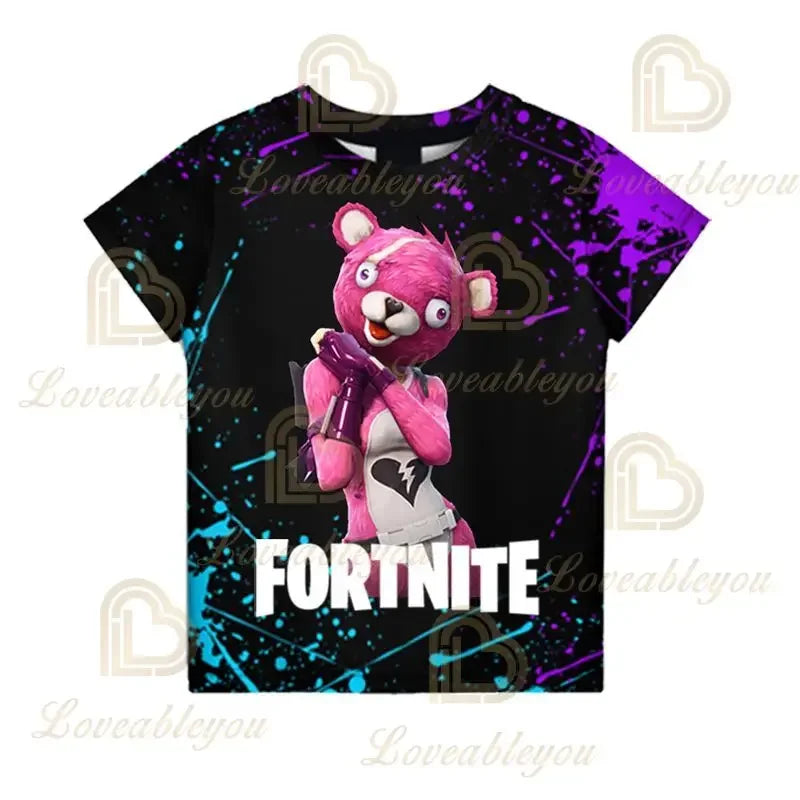 T-shirt infantil de verão Cartoon Fortnite com impressão 3D, para meninos e meninas, estilo streetwear, roupa para adultos e crianças, t-shirt divertida com gola redonda