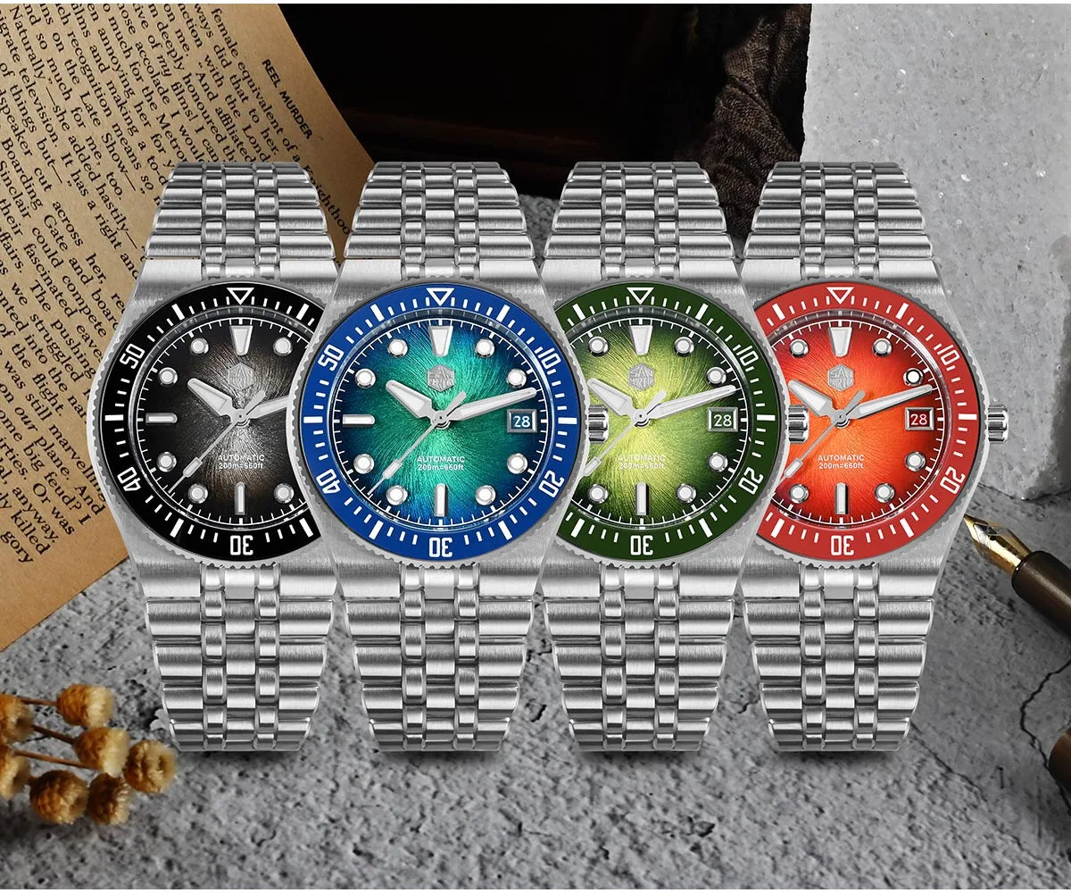 Orologio subacqueo di lusso da uomo San Martin 40mm, Miyota 9015, quadrante smaltato sunburst, automatico meccanico, impermeabile 200m, SN0148