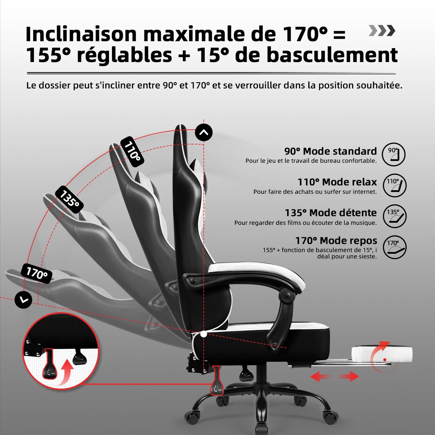 Daccormax 170° Gaming Chair Ergonomic PC Gaming Chair with Adjustable Footrest and Lumbar Support High-Back Breathable Design