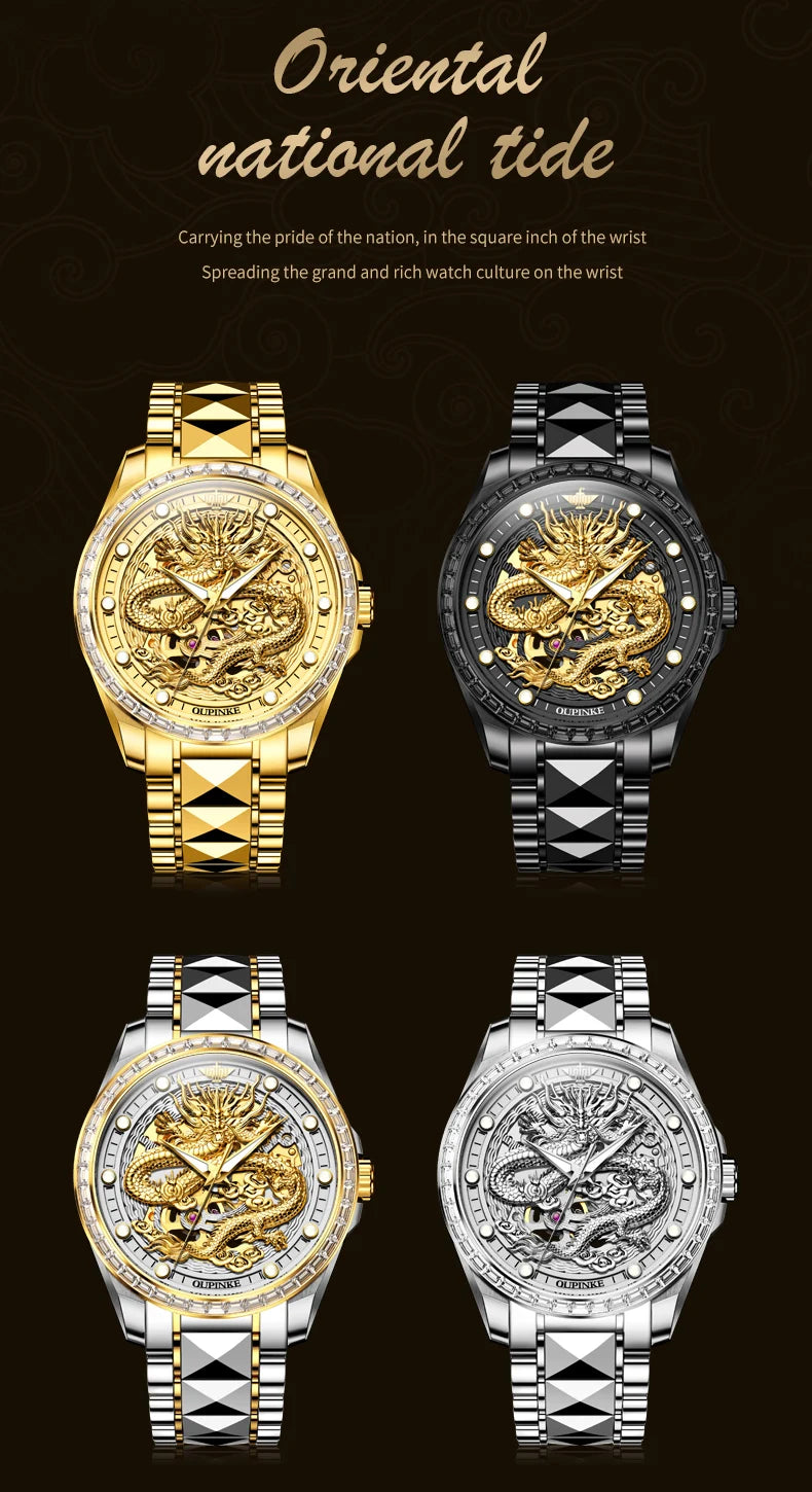 OUPINKE Orologio da uomo Top Brand di lusso in oro e acciaio al tungsteno, orologio da polso meccanico automatico originale con quadrante con motivo drago