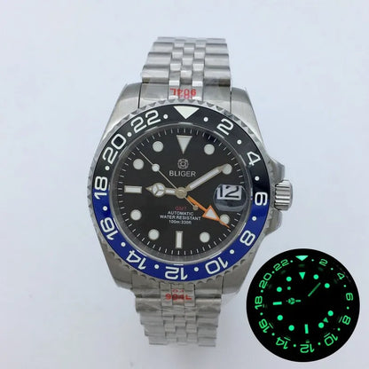 BLIGER 40mm NH34 GMT Watch For Men Mechanical Wristwatch Luminous Bezel Sapphire Glass Stainless Steel Bracelet Men's Watch