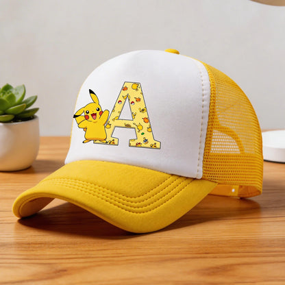 Cappellino con visiera Pokemon Pikachu, cappellini da baseball con lettere A-Z in stile cartone animato, cappellino estivo alla moda in rete traspirante, cappellino coordinato genitore-figlio, cappotto da bambino, regalo per bambini