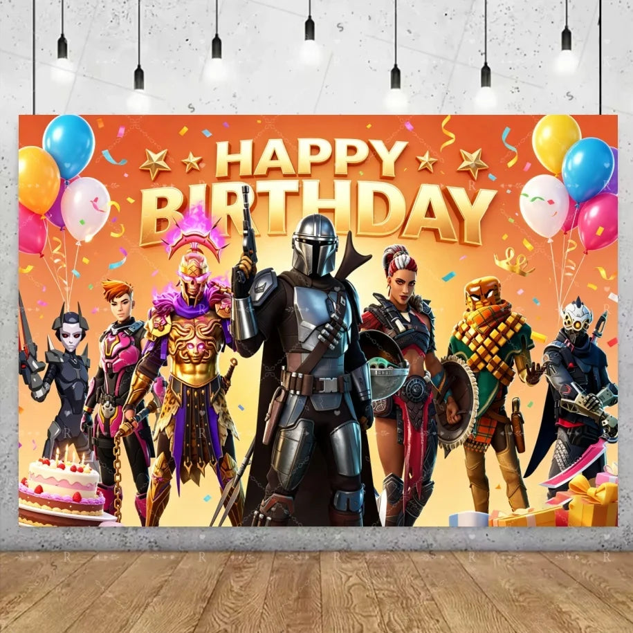 Fundo decorativo de aniversário com tema Fortnite — banner gamer Fortnite para meninos e meninas, pano de fundo para fotografia e presente para crianças