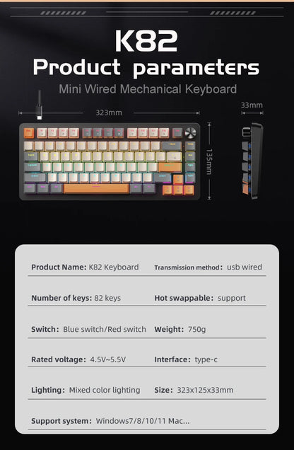 APAYADO 75% Gaming Keyboard Wired with Metal Knob, Hot-Swap K82 Black Mechanical Keyboard, ABS Transparent Character RGB