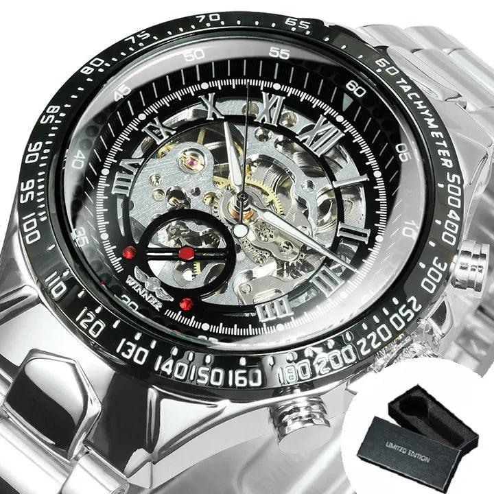 WINNER automatisch herenhorloge – Transparant skeletmodel, lichtgevende wijzers, roestvrijstalen band, mechanisch horloge van een luxemerk