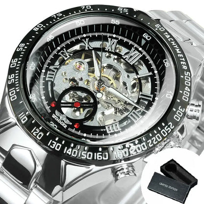 WINNER automatisch herenhorloge – Transparant skeletmodel, lichtgevende wijzers, roestvrijstalen band, mechanisch horloge van een luxemerk