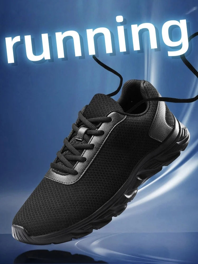 Men's Casual Sports Shoes, Black Mesh Breathable Running Shoes, Soft Sole Lightweight Flat Work Shoes