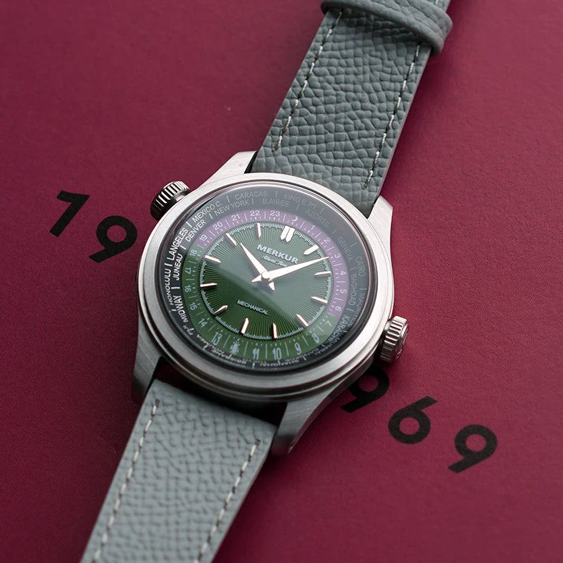 Merkur World Time Men's Retro Mechanical Watch for Men Waterproof Leather 38mm Reloj Hombre