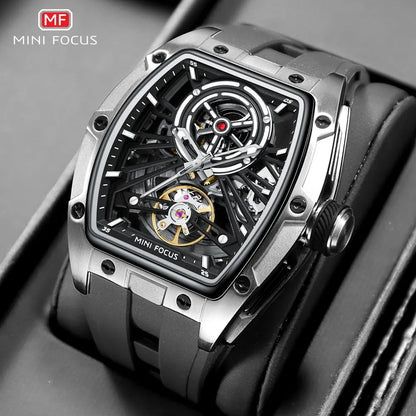 MINI FOCUS Men's Wristwatch Fashion Black Waterproof Automatic Mechanical Watch with Luminous Hands Silicone Strap Tonneau Dial