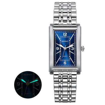 BERNY square men’s watch – Quartz movement, Roman numeral dial, luminescent display, 316L stainless steel case – An elegant and casual rectangular watch
