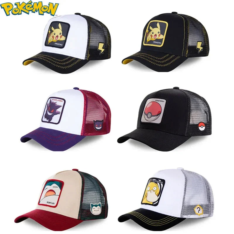 Pokémon-broderet baseballkasket med Pikachu, Gengar, Snorlax og Psyduck – anime-inspireret, justerbar, åndbar mesh-kasket – cosplay-gave
