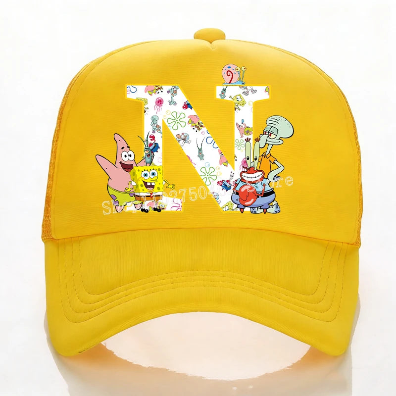 SpongeBobs Baseball Cap Kids Adult Summer Outdoor Sports Sun Hat Child Cute Letter A-Z Sunbonnet Breathable Mesh Headgear Gift