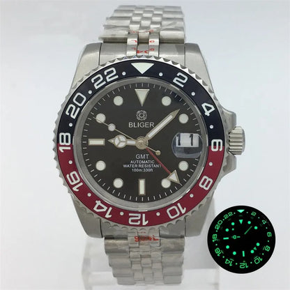 BLIGER 40mm NH34 GMT Watch For Men Mechanical Wristwatch Luminous Bezel Sapphire Glass Stainless Steel Bracelet Men's Watch