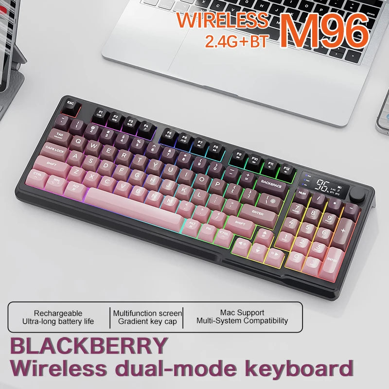M96 Bluetooth Wireless Keyboard FREEWOLF Digital Display, RGB Backlight, 2000mAh Battery & PBT Keycaps for PC/Laptop