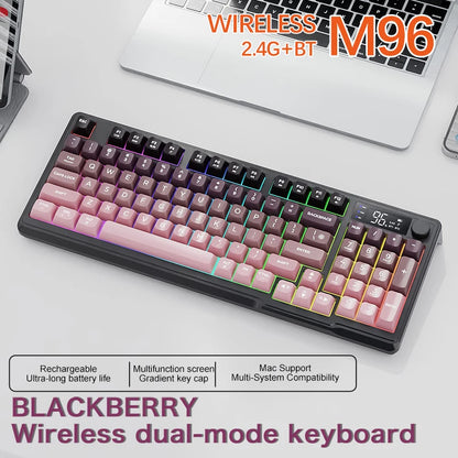 Teclado Sem Fios Bluetooth M96 FREEWOLF com Ecrã Digital, Retroiluminação RGB, Bateria de 2000mAh e Teclas PBT para PC/Portátil