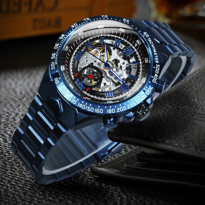 WINNER automatisch herenhorloge – Transparant skeletmodel, lichtgevende wijzers, roestvrijstalen band, mechanisch horloge van een luxemerk