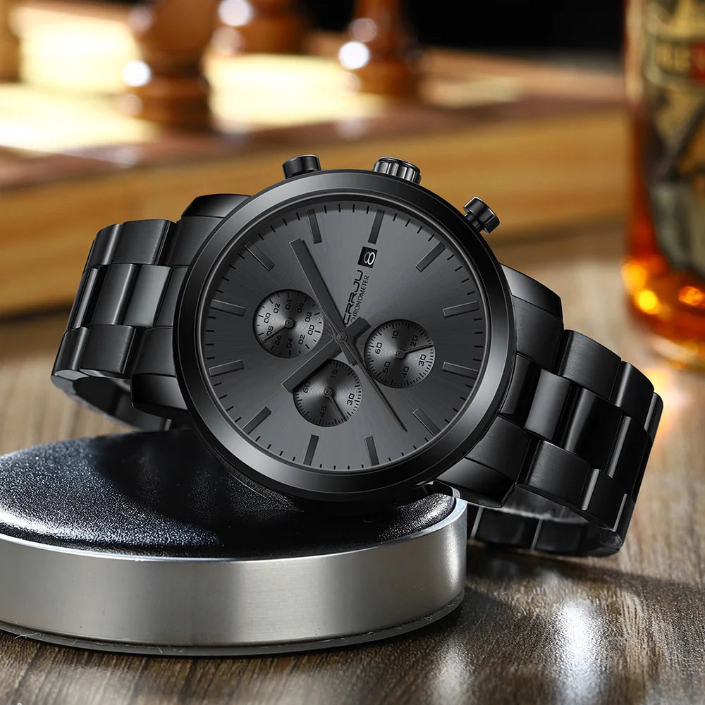 Montre pour homme CRRJU – Chronographe en acier inoxydable, étanche, avec affichage de la date, mouvement à quartz analogique, style élégant et professionnel