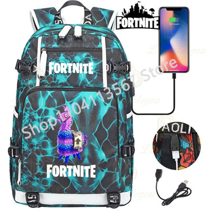 Mochila Red Jade F-Fortnited Battle Royale com carregamento USB, figuras anime e compartimento para material escolar para estudantes
