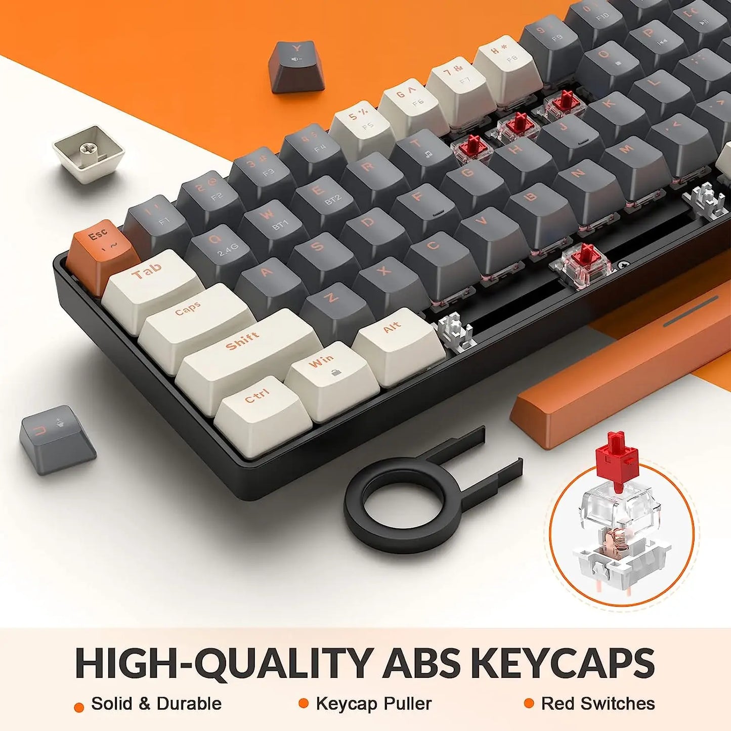 Teclado mecánico inalámbrico RK68 60%, Bluetooth 5.0/2.4GHz con receptor 2 en 1 de doble modo, teclado gaming de 68 teclas intercambiable en caliente