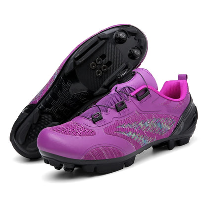 Sapatos de ciclismo MTB para homem e mulher T03 roxos respiráveis, de velocidade, autoblocantes, para ciclismo de estrada, corrida ao ar livre e treino