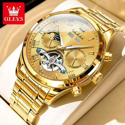OLEVS 7005 Classic Business Mechanical Wristwatch for Man Skeleton Flywheel 24 Hour Moon Phase  Calendar Luxury Men's Watch